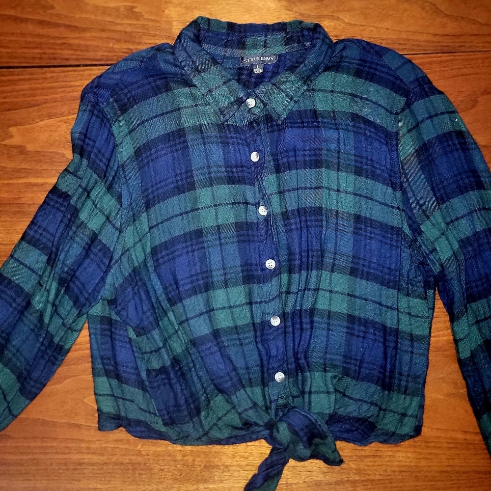 Style Envy Green Blue Plaid Tie Front Button Down Shirt Long Sleeves Lg - Picture 4 of 16